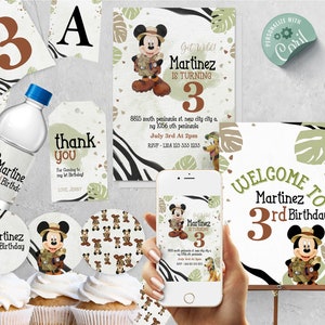 Editable Mickey Mouse Safari Birthday Bundle, Printable Personalized Birthday Decoration, Mickey Safari Party Kit Digital Patry Supplies