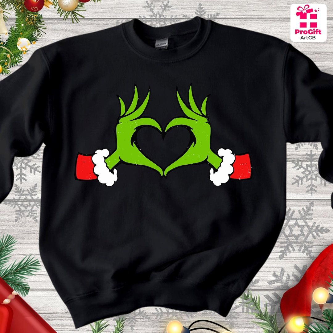 Christmas Grinch Sweatshirt, Green Heart Hands Jumper, Merry Christmas
