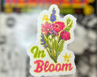 In Bloom- Neck Deep holographic Lyric Sticker- Flower Bouquet, green and pink, music sticker, Pop punk Core