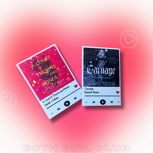 May include: Two book covers with a glittery, holographic effect. The first cover is for "A Court of Thorns and Roses" by Sarah J. Maas. The second cover is for "Carnage" by Shantel Tessier. Both covers are displayed on a pink background with a heart icon in the top right corner.