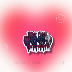 May include: A white sticker with a black and red graphic of four masked figures and the text "The Pretty Harlequins".