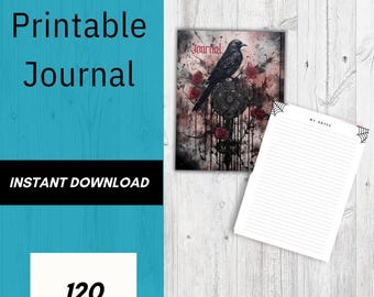 Könnte beinhalten: Ein druckbares Journal mit einer Rabenillustration auf dem Cover, umgeben von roten Rosen. Das Journal ist auf einer linierten Seite mit den Worten "My Notes" oben geöffnet. Das Cover hat auch das Wort "Journal" und den Text "Instant Download" und "120 pages".