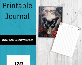 Könnte beinhalten: Druckbares Journal mit einem schwarzen Schmetterlingsdesign und den Worten "My Journal" auf dem Cover, umgeben von roten Rosen. Ein Notizblock mit "My Notes" und einem Spinnennetz ist ebenfalls vorhanden. Das Journal hat 120 Seiten. Das Bild enthält auch die Worte "Sofort-Download".