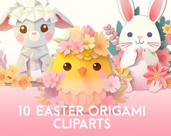 ORIGAMI EASTER CLIPARTS (Cute Easter Graphics, Bunnies, Chicks, Lambs, Easter Egg Clipart, Flowers, Digital Download, png)
