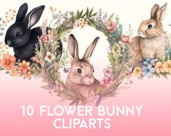 FLOWER BUNNIES Spring / Easter Cliparts (Cute Easter Graphics, Bunnies, Flowers, Digital Download, Transparent, Perfect For Greeting Cards)