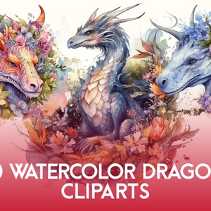 AQUAREL DRAKEN PACK (Arts & Crafts, majestueuze aquarel draken, bloemen, fantasie, digitale download)