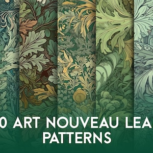 May include: Ten Art Nouveau leaf patterns in green, brown, and yellow tones. The patterns feature intricate floral designs with swirling lines and leaves.