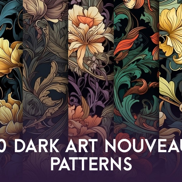 Art Nouveau FLORAL PATTERNS (DARK) (Alphonse Mucha Style) / (Arts & Crafts, Fabric Design, Pattern Design, Product Design)