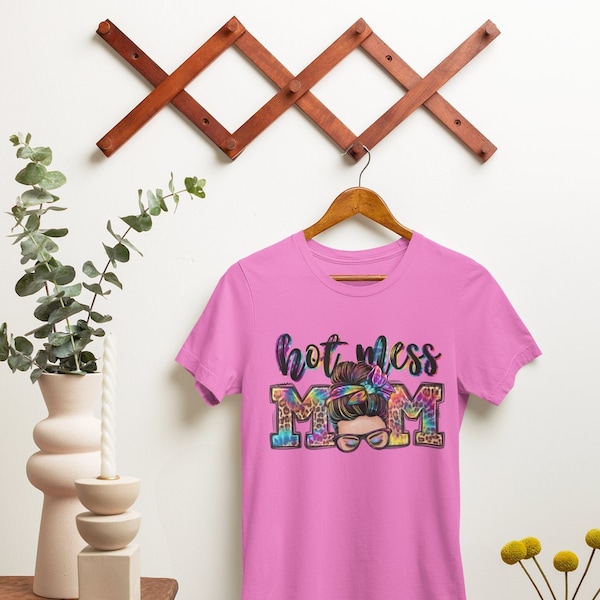 Hot Mess Mom, Gifts For Mom, Gifts for Her, Momma, Mommmy, Graphic Tee, Colorful, Lisa Frank Inspired, Sublimation, Messy Bun, Funny Tshirt