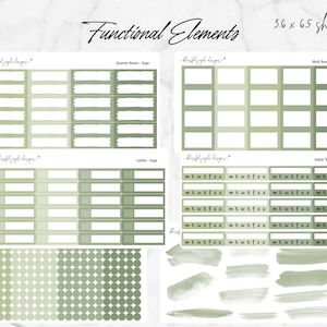 Puede incluir: Un conjunto de 36 pegatinas para planificador en un esquema de color verde salvia. Las pegatinas incluyen cuadros, etiquetas, rastreadores de hábitos y una variedad de elementos decorativos. Las pegatinas están diseñadas para su uso en un planificador o diario.
