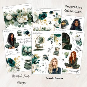May include: A collection of decorative stickers with watercolor illustrations. The stickers feature floral arrangements, portraits of women, and cozy night-themed elements. Text includes "Decorative Collection!", "night owl", and "comfy cozy".