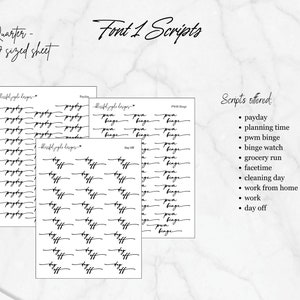 May include: A printable sheet of 3.6 x 4.7 inch planner stickers with various script fonts. The fonts include "Payday", "Binge", "Day Off", and "Payday". The sheet also includes a list of script words offered, such as "Payday", "Planning Time", "PWM Binge", "Binge Watch", "Grocery Run", "Facetime", "Cleaning Day", "Work From Home", "Work", and "Day Off".
