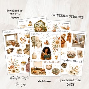 May include: A collection of five printable sticker sheets featuring autumn-themed illustrations including a greenhouse, a person reading a book, cozy furniture, floral arrangements, and warm beverages with the text "rainy days are better in fall".