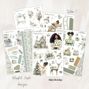 May include: A collection of Mint Holiday themed planner stickers and decorative elements. The stickers feature illustrations of a cozy house, women, a deer, a snowman, and winter foliage in soft green and white tones. The text "Blissful Jayde Designs" and "Mint Holiday" are visible.