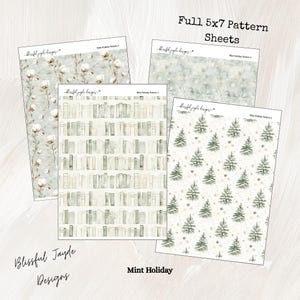 May include: Four 5x7 inch pattern sheets with various designs. One sheet features cotton branches, another a bookshelf pattern, a third with Christmas trees, and the last with snowflakes. The text "Full 5x7 Pattern Sheets", "Blissful Jayde Designs", and "Mint Holiday" are visible.