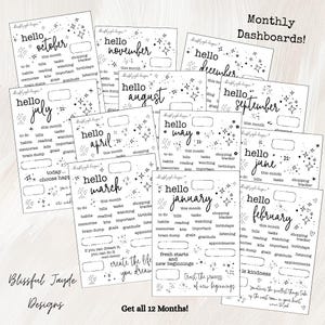 Könnte beinhalten: Eine Sammlung von monatlichen Dashboard-Planereinlagen in Schwarz und Weiß. Jeder Einsatz zeigt das Wort "Hallo" gefolgt von einem Monat, mit Platz für Aufgaben, Notizen und einen Shopping-Tracker. Das Design umfasst Sterne und inspirierende Zitate.
