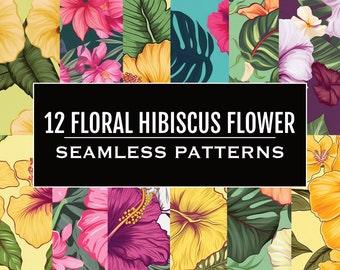 Cute Floral Hibiscus Flowers Seamless Pattern, Floral Patterns for Commercial Use, Hibiscus Hawaii Flower Seamless Patterns x 12