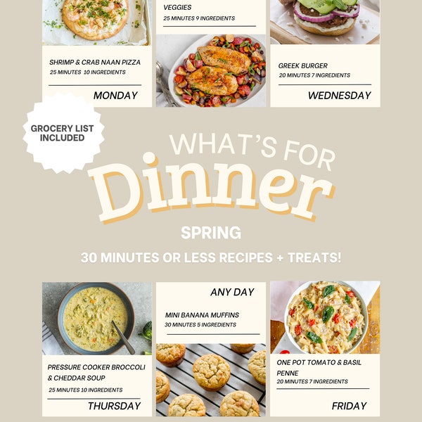Weekly Menu, Dinner under 30 minutes, Meal Planning, Grocery List, Substitutions ideas available, Blank Meal Planner