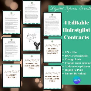 4 Editable Hairstylist Contracts Digital Canva, Hair Business Form, Hairdresser Contract, Wedding Hair Stylist Contract Template, Freelance
