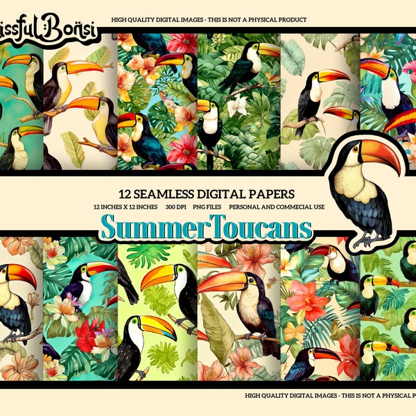 Toucan Digital Paper Summer Digital Paper Toucan Scrapbooking Toucan Seamless Pattern Summer Seamless Pattern Tropical Digital Paper Vintage