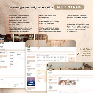 May include: A digital planner with three sections: Events, Tasks, and Projects. The planner is designed for clarity and includes features like a centralized event planner, SMART GTD based task management, and a unique seamless workflow for tasks and projects. The planner also includes quick access to ADHD essential templates.
