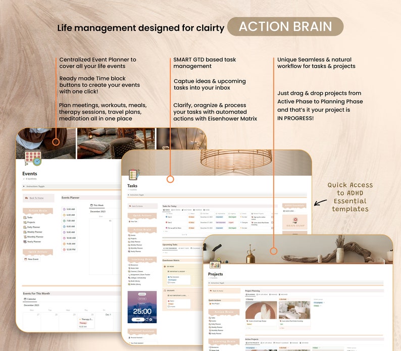 May include: A digital planner with three sections: Events, Tasks, and Projects. The planner is designed for clarity and includes features like a centralized event planner, SMART GTD based task management, and a unique seamless workflow for tasks and projects. The planner also includes quick access to ADHD essential templates.
