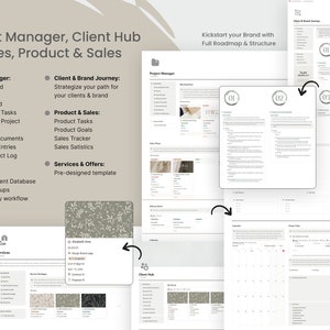 May include: A digital project management and client hub template with a clean, modern design. The image showcases various sections, including project management, client journey, product and sales, and services. Text includes "Kickstart your Brand with Full Roadmap & Structure."