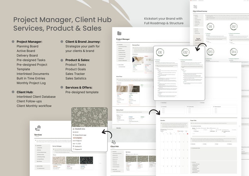May include: A digital project management and client hub template with a clean, modern design. The image showcases various sections, including project management, client journey, product and sales, and services. Text includes "Kickstart your Brand with Full Roadmap & Structure."