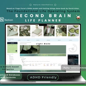 Notion Template Second Brain All in One Notion Dashboard ADHD Personal Planner Lifestyle Planner Wellness Aesthetic Notion Life Planner