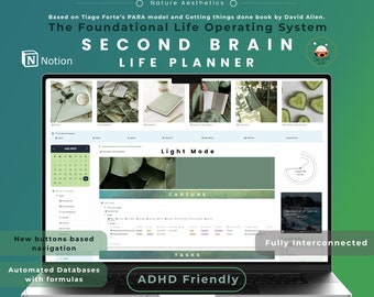 Notion Template Second Brain All in One Notion Dashboard ADHD Personal Planner Lifestyle Planner Wellness Aesthetic Notion Life Planner