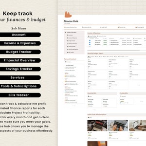 May include: A screenshot of a website interface for a finance hub. The website has a menu with options for account, income and expenses, budget tracker, financial overview, savings tracker, services, tools and subscriptions, and bills tracker. The website also has a monthly budget report, monthly bills, flexible bills, and active tools and subscriptions. The website is designed to help users track and manage their finances.