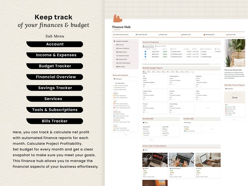 May include: A screenshot of a website interface for a finance hub. The website has a menu with options for account, income and expenses, budget tracker, financial overview, savings tracker, services, tools and subscriptions, and bills tracker. The website also has a monthly budget report, monthly bills, flexible bills, and active tools and subscriptions. The website is designed to help users track and manage their finances.