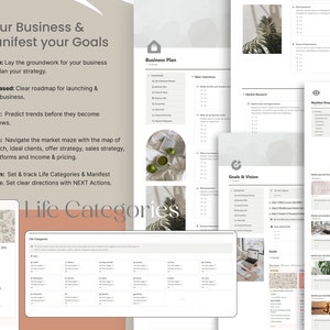 May include: A digital planner with the text "Plan your Business & Manifest your Goals." The planner includes sections for business plans, market studies, and goal setting. The image has a neutral color palette with a focus on productivity and organization.