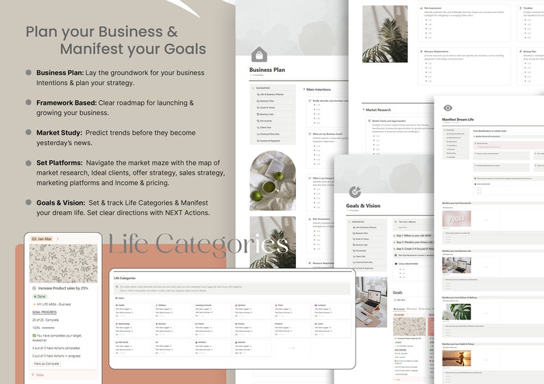 May include: A digital planner with the text "Plan your Business & Manifest your Goals." The planner includes sections for business plans, market studies, and goal setting. The image has a neutral color palette with a focus on productivity and organization.