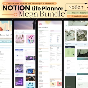 May include: A digital screen displaying a Notion Life Planner Mega Bundle with templates for ADHD Second Brain, Health Hub, and Second Brain Life Planner. The bundle includes 7 aesthetic Notion templates.