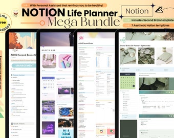 Notion Template MEGA Bundle 7 Notion Planners All-in-One Life Planner Second Brain Life Plan Notion GTD Dashboard Productivity Planner 2024