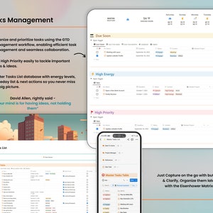 K&ouml;nnte beinhalten: Ein Screenshot einer mobilen App f&uuml;r Aufgabenmanagement. Die App zeigt eine Liste von Aufgaben, die nach Priorit&auml;t und Energielevel sortiert sind. Die App enth&auml;lt auch eine Kalenderansicht und ein Wetter-Widget. Der Text auf dem Bildschirm lautet "Aufgabenmanagement", "Bald f&auml;llig", "Hohe Energie", "Hohe Priorit&auml;t", "Master-Aufgabenliste" und "Einfach unterwegs erfassen und mit den Buttons kl&auml;ren, sp&auml;ter mit der Eisenhower-Matrix organisieren."