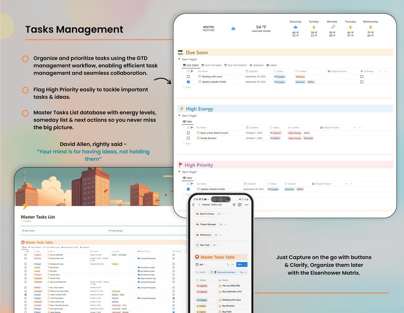 K&ouml;nnte beinhalten: Ein Screenshot einer mobilen App f&uuml;r Aufgabenmanagement. Die App zeigt eine Liste von Aufgaben, die nach Priorit&auml;t und Energielevel sortiert sind. Die App enth&auml;lt auch eine Kalenderansicht und ein Wetter-Widget. Der Text auf dem Bildschirm lautet "Aufgabenmanagement", "Bald f&auml;llig", "Hohe Energie", "Hohe Priorit&auml;t", "Master-Aufgabenliste" und "Einfach unterwegs erfassen und mit den Buttons kl&auml;ren, sp&auml;ter mit der Eisenhower-Matrix organisieren."