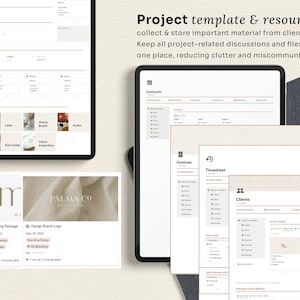 May include: A computer screen displaying a project management template with sections for contracts, invoices, timesheets, and clients. The template is designed to help organize and manage projects, with a focus on keeping all project-related information in one place.