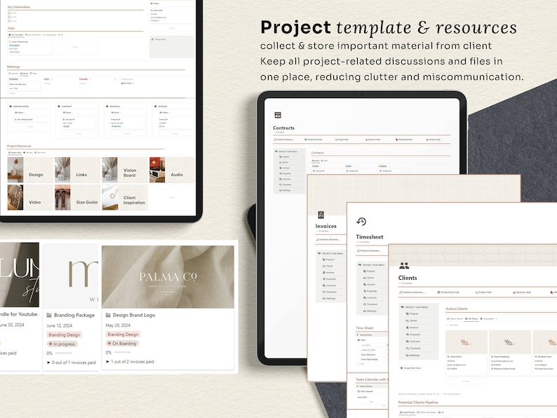 May include: A computer screen displaying a project management template with sections for contracts, invoices, timesheets, and clients. The template is designed to help organize and manage projects, with a focus on keeping all project-related information in one place.