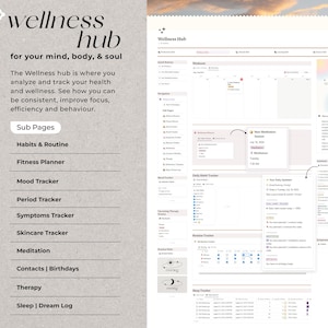 May include: A wellness hub website with a list of sub pages including Habits & Routine, Fitness Planner, Mood Tracker, Period Tracker, Symptoms Tracker, Skincare Tracker, Meditation, Contacts | Birthdays, Therapy, and Sleep | Dream Log.