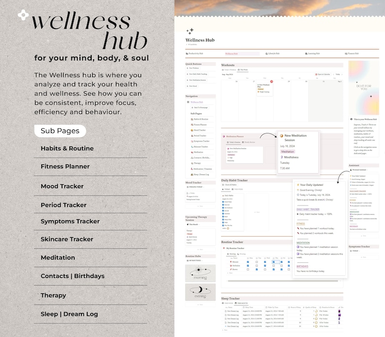 May include: A wellness hub website with a list of sub pages including Habits & Routine, Fitness Planner, Mood Tracker, Period Tracker, Symptoms Tracker, Skincare Tracker, Meditation, Contacts | Birthdays, Therapy, and Sleep | Dream Log.