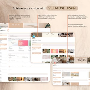 May include: A digital screen displaying a goal setting and vision board app with a light pink and brown color scheme. The app features sections for goals, vision, inspiration boards, and bullet journaling. The text on the screen reads "Goals & Vision", "You Got This", "Inspiration Board", "Bullet Journal", "Do It For You", "Be Your Own Kind Of Beautiful", "Focus", "Change can be a good thing", "Your Negative Thoughts".