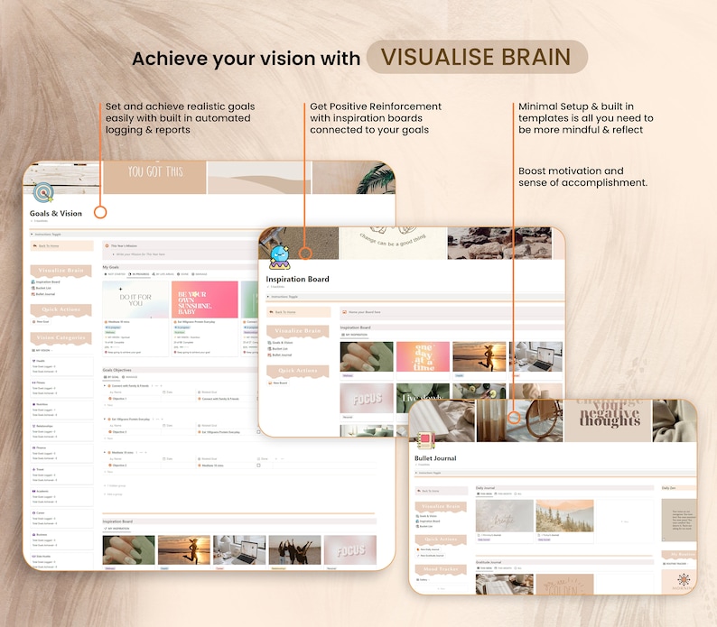 May include: A digital screen displaying a goal setting and vision board app with a light pink and brown color scheme. The app features sections for goals, vision, inspiration boards, and bullet journaling. The text on the screen reads "Goals & Vision", "You Got This", "Inspiration Board", "Bullet Journal", "Do It For You", "Be Your Own Kind Of Beautiful", "Focus", "Change can be a good thing", "Your Negative Thoughts".