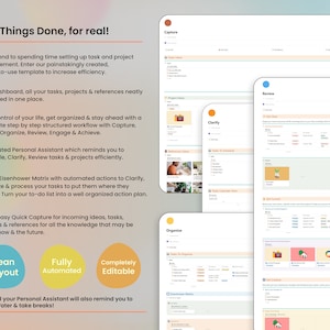 May include: A colorful infographic with the text "Get Things Done, for real!" and a list of features for a task management system. The features include "Capture", "Clarify", "Organize", and "Review".
