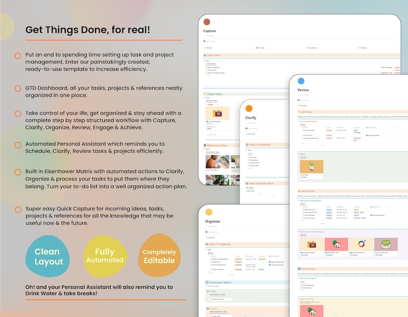 May include: A colorful infographic with the text "Get Things Done, for real!" and a list of features for a task management system. The features include "Capture", "Clarify", "Organize", and "Review".