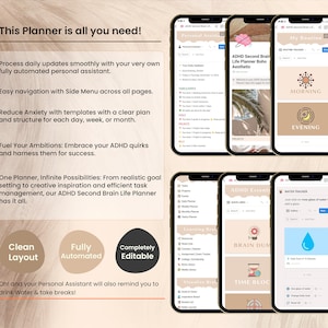 May include: A digital planner designed for people with ADHD. The planner features a clean layout, is fully automated, and is completely editable. The planner includes a personal assistant, a routine tracker, a water tracker, a brain dump section, and a time blocking section. The planner is designed to help people with ADHD manage their time, stay organized, and achieve their goals.