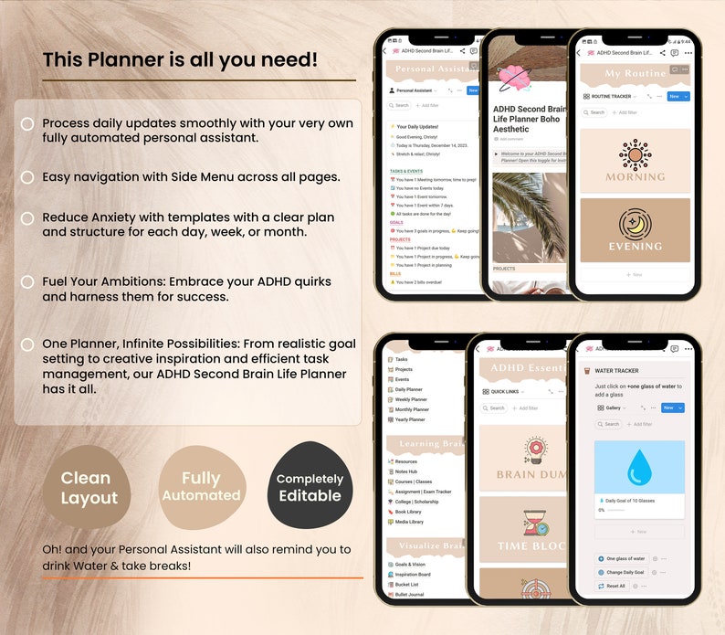 May include: A digital planner designed for people with ADHD. The planner features a clean layout, is fully automated, and is completely editable. The planner includes a personal assistant, a routine tracker, a water tracker, a brain dump section, and a time blocking section. The planner is designed to help people with ADHD manage their time, stay organized, and achieve their goals.