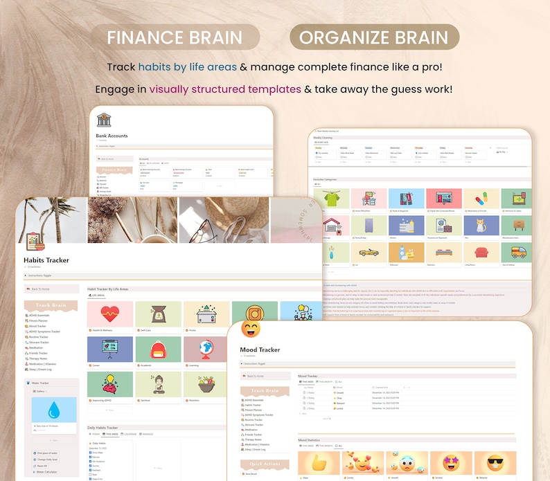 May include: A screenshot of a computer screen showing a website with a colorful interface. The website is designed to help users track their habits, finances, and mood. The website has a section for tracking bank accounts, a section for tracking habits by life area, and a section for tracking mood.