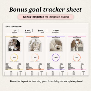 May include: A digital goal dashboard template with four sections, each featuring a progress bar and a photo. The text reads "Bonus goal tracker sheet" and "Canva templates for images included". The bottom text says "Beautiful layout for tracking your financial goals completely free!"